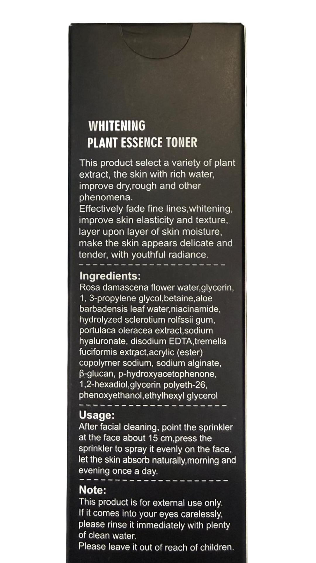 Whitening Plant Essence Toner — back panel with ingredients and usage